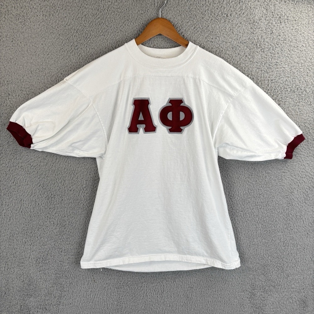 American Mfg Co Shirt Mens Large White Alpha Phi Fraternity Sorority Ringer USA